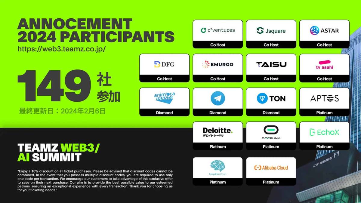 4月13日14日開催 TEAMZ WEB3/AI SUMMIT 2024、国内外合わせ149社が参加決定!
