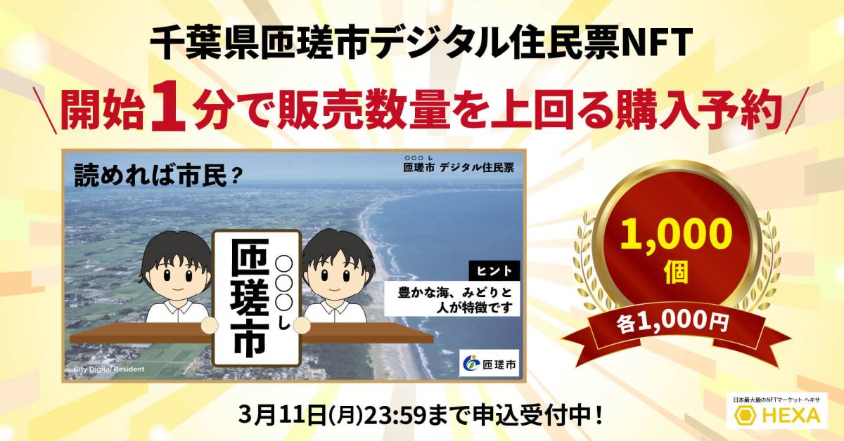 HEXA(ヘキサ)第3号INO案件の千葉県匝瑳市デジタル住民票NFTは、開始約1分で販売数量を超える申込みがありました