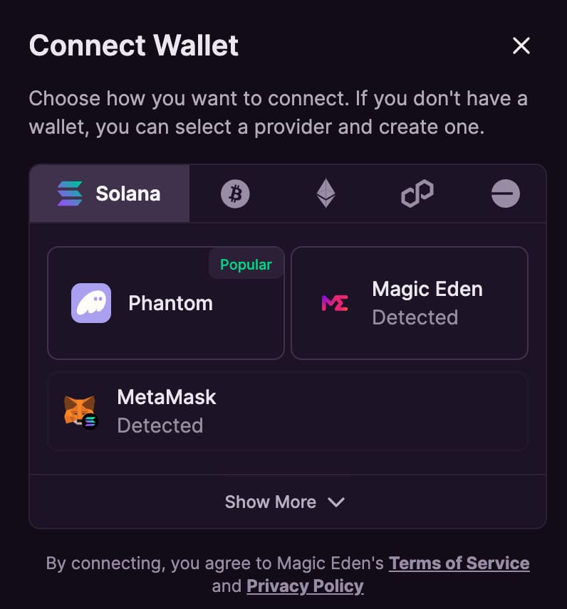 Magic eden ウォレット選択
