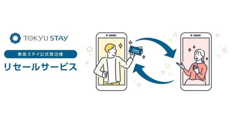 東急ステイ公式宿泊権リセールサービスのイメージ図。スマホでチケットを交換するイラストと東急ステイの客室写真