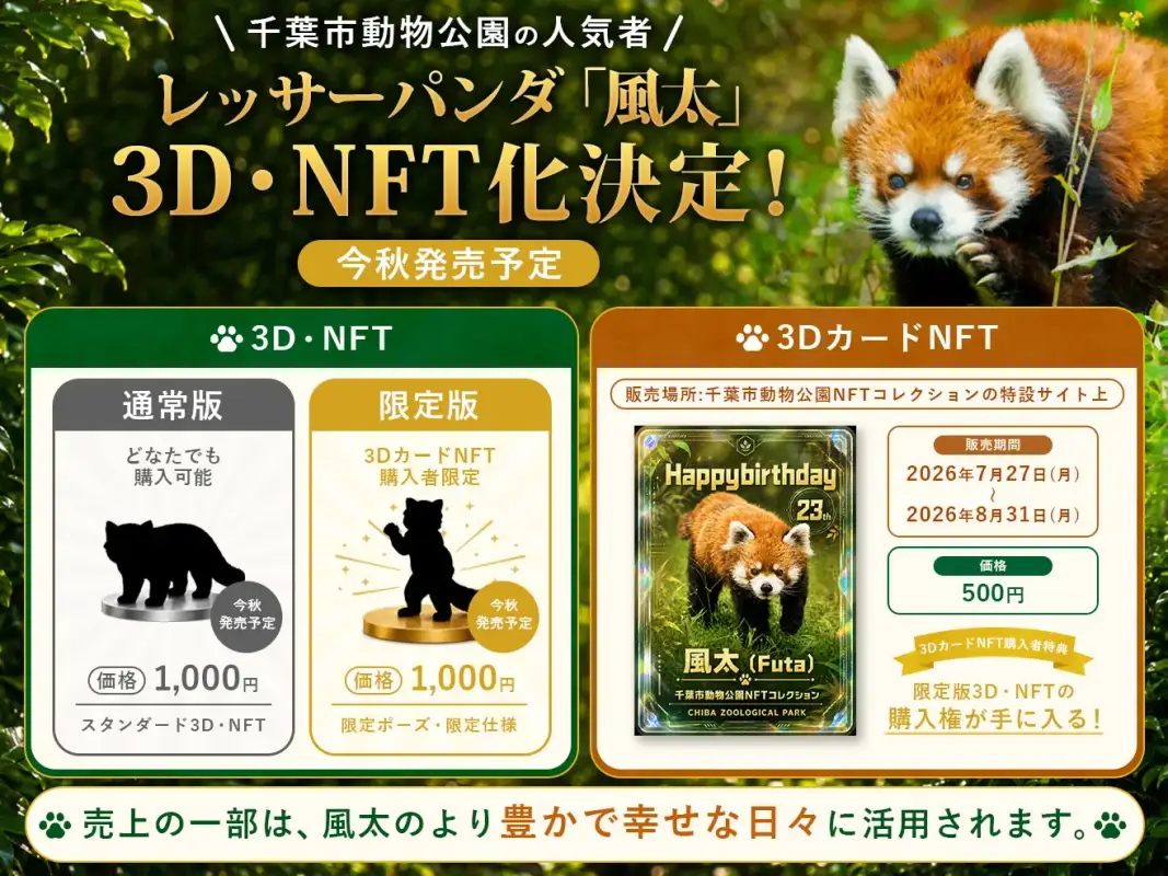 千葉市動物公園、レッサーパンダ「風太」を3D・NFT化決定!23歳の誕生日を記念して「3DカードNFT」を期間限定で販売します